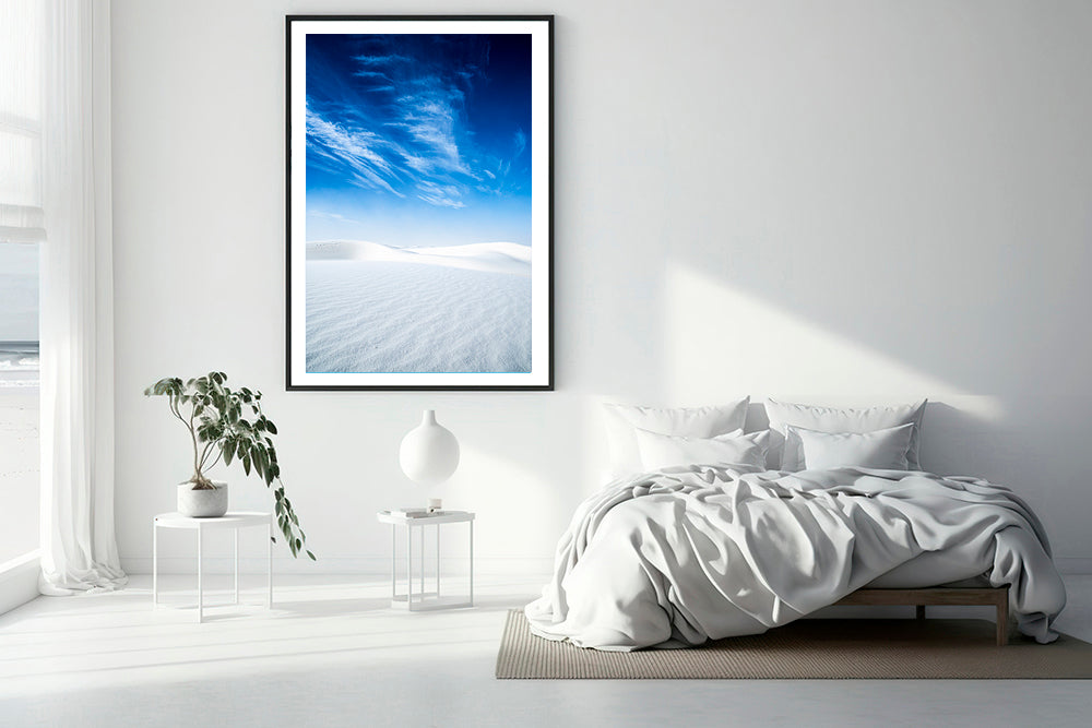 White sand blue photography bedroom